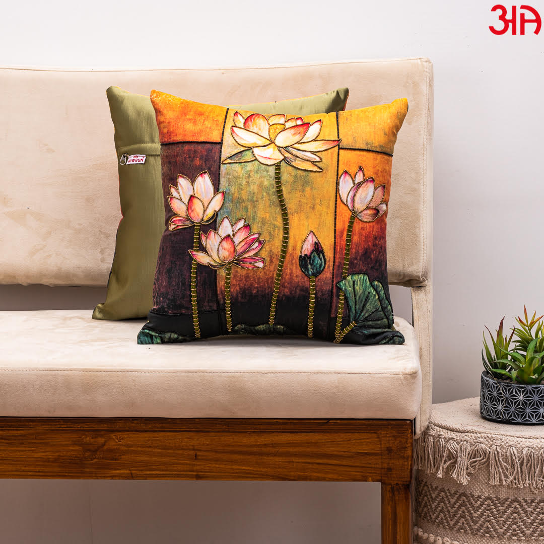 Graceful Lotus Embroidered Cushion Cover