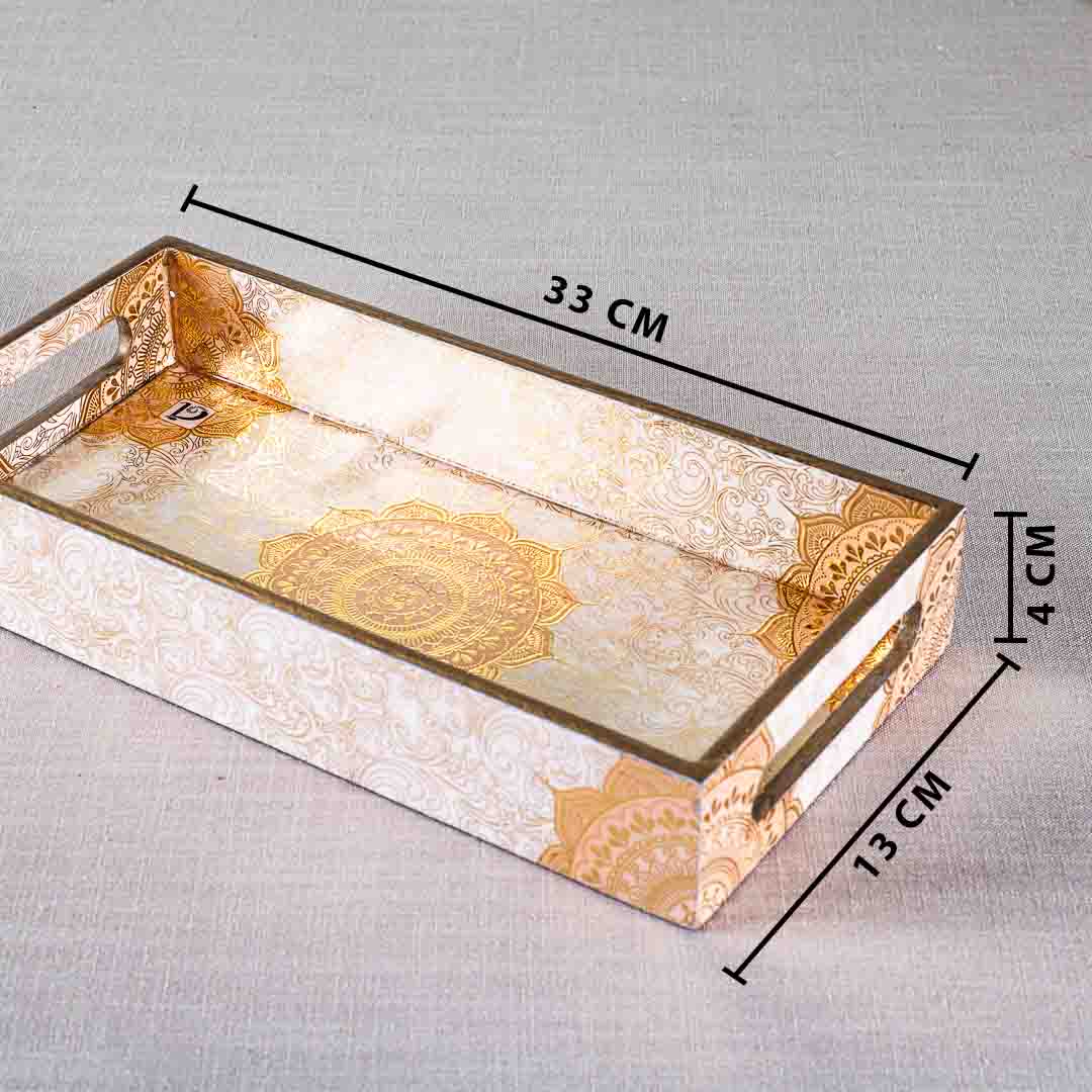 Premium Abstract White Gold Rectangle Mdf Tray Design Seven 13X5X1.5 Inch