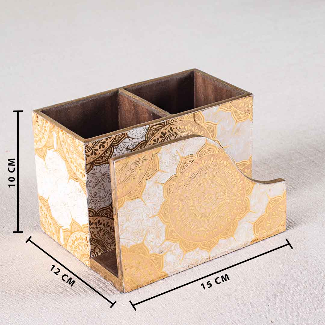 Premium Abstract White Gold Mdf Cutlery Npk Holder Design Seven 6X4.5X4 Inch