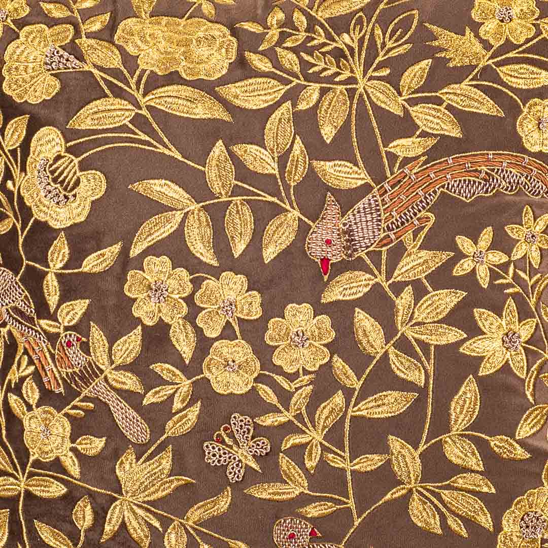 The Heritage Collection Floral Bird Velvet Cushion Cover 16x16" - Brown