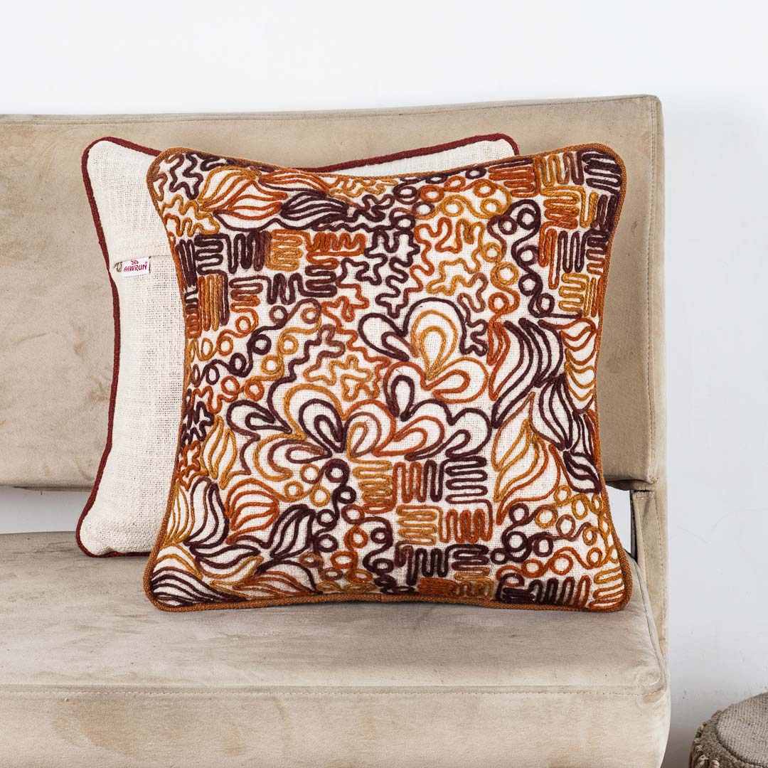 The Heritage Collection Abstract Embroidered Slub Cotton Cushion Cover 16x16" - Beige Brown