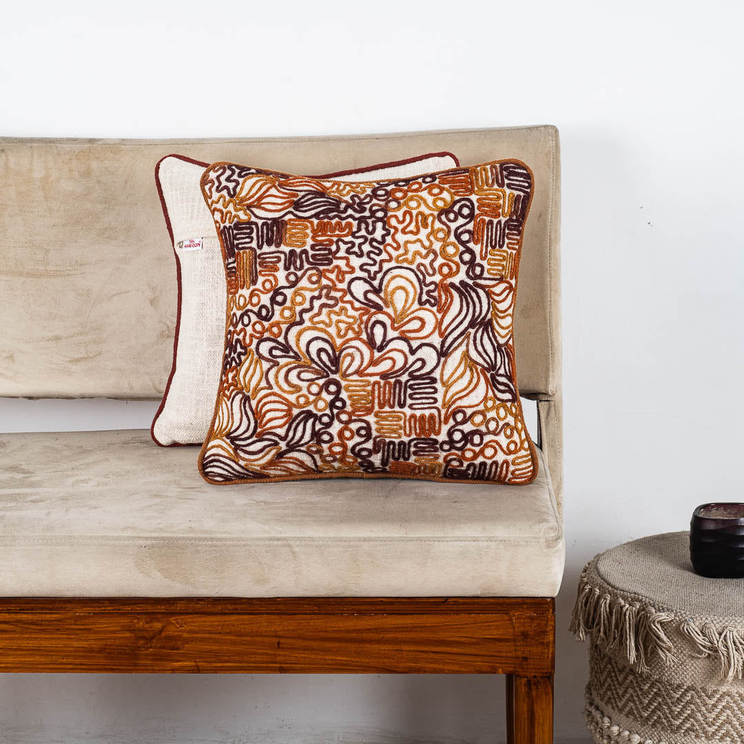 The Heritage Collection Abstract Embroidered Slub Cotton Cushion Cover 16x16" - Beige Brown