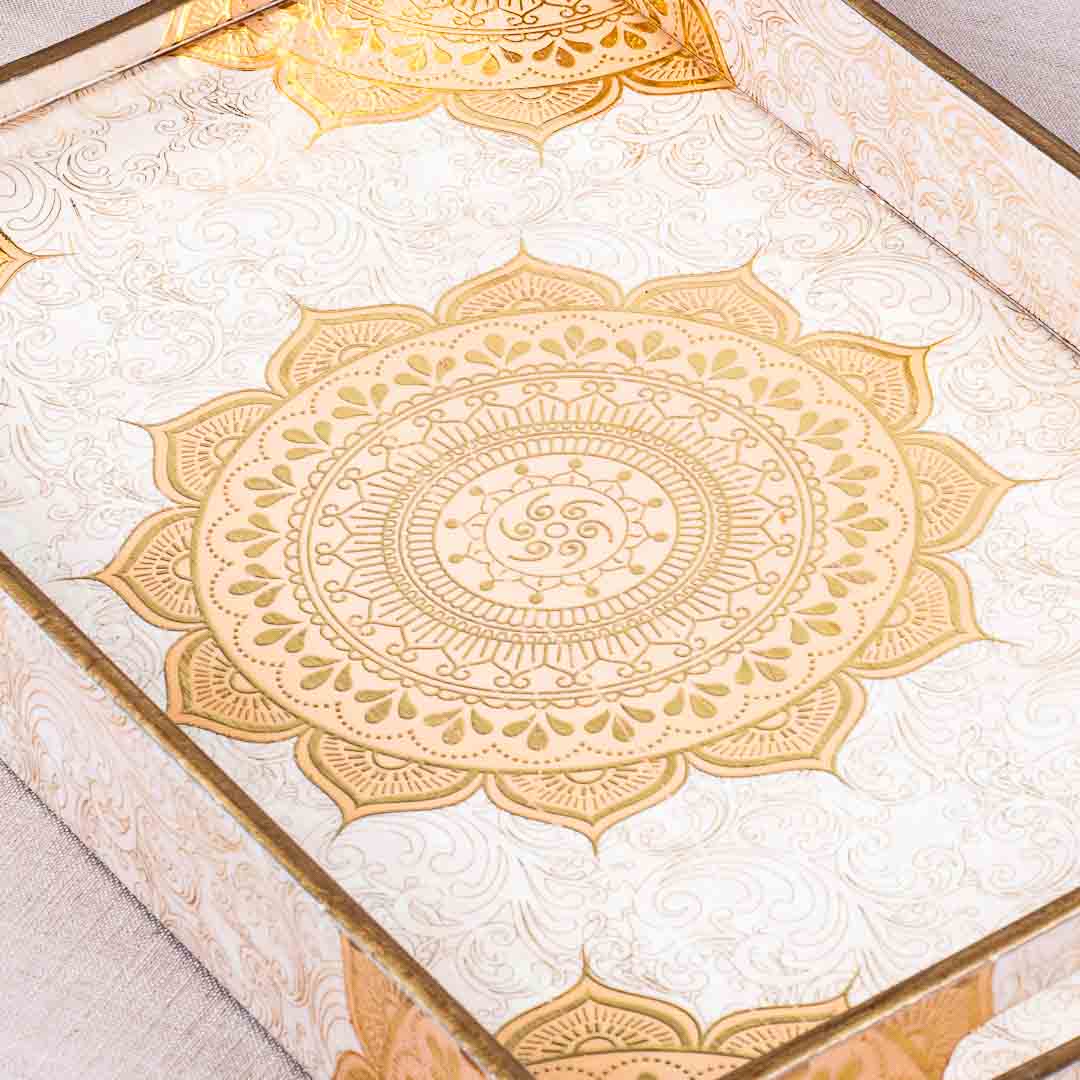 Premium Abstract White Gold Rectangle Mdf Tray Design Seven 8X12X2 Inch