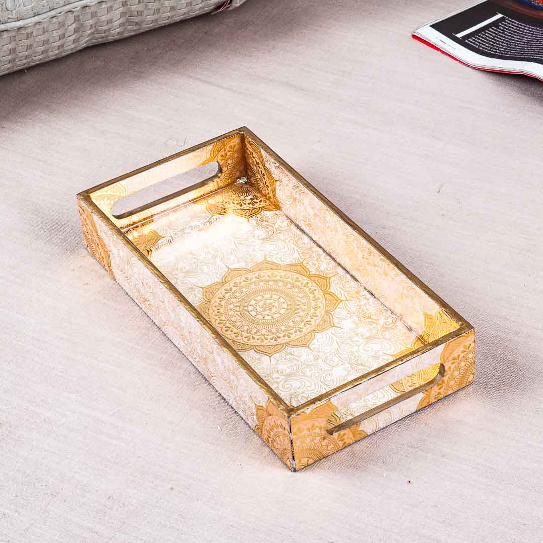 Premium Abstract White Gold Rectangle Mdf Tray Design Seven 13X5X1.5 Inch