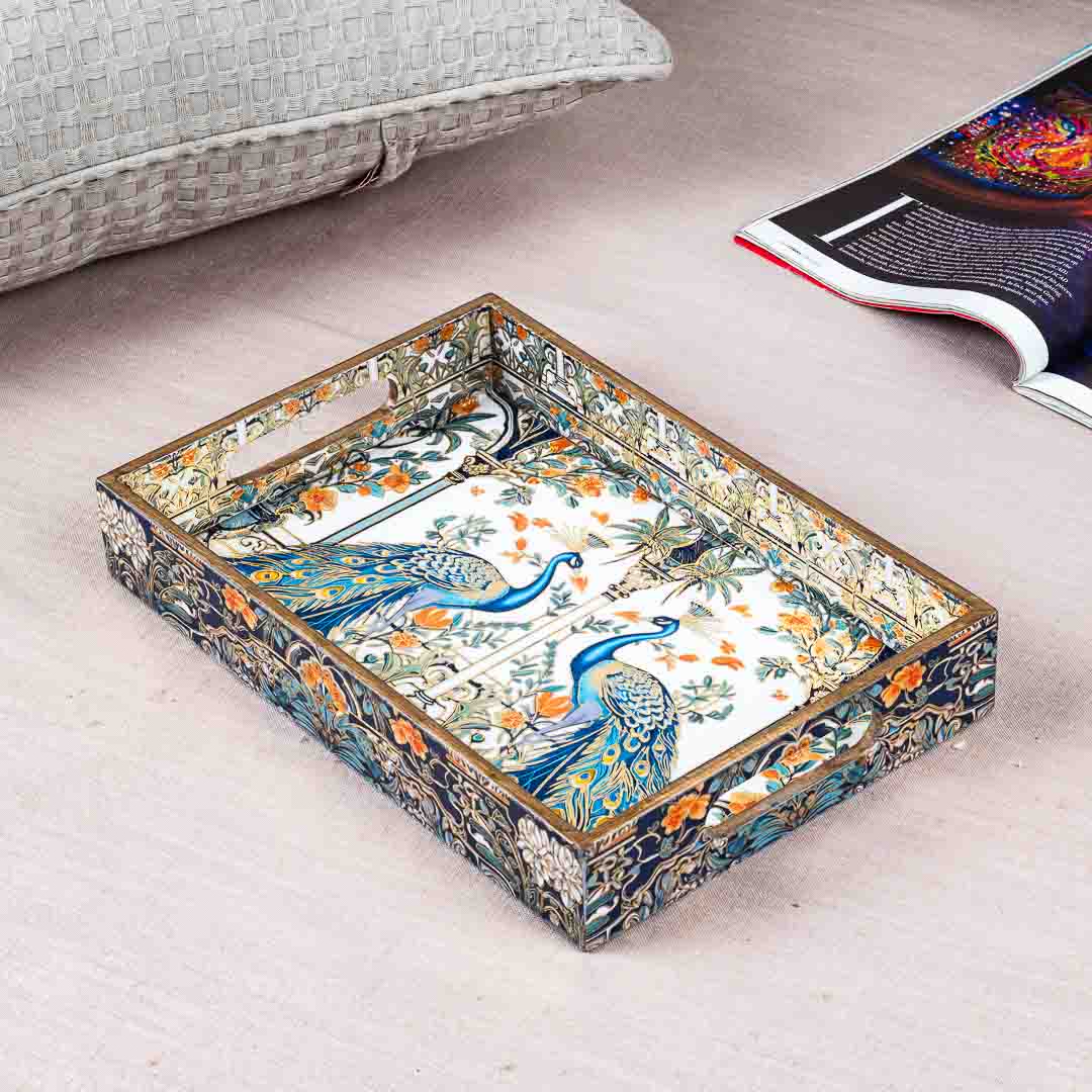 Premium Peacock Rectangle Mdf Tray Design One 8X14X2 Inch