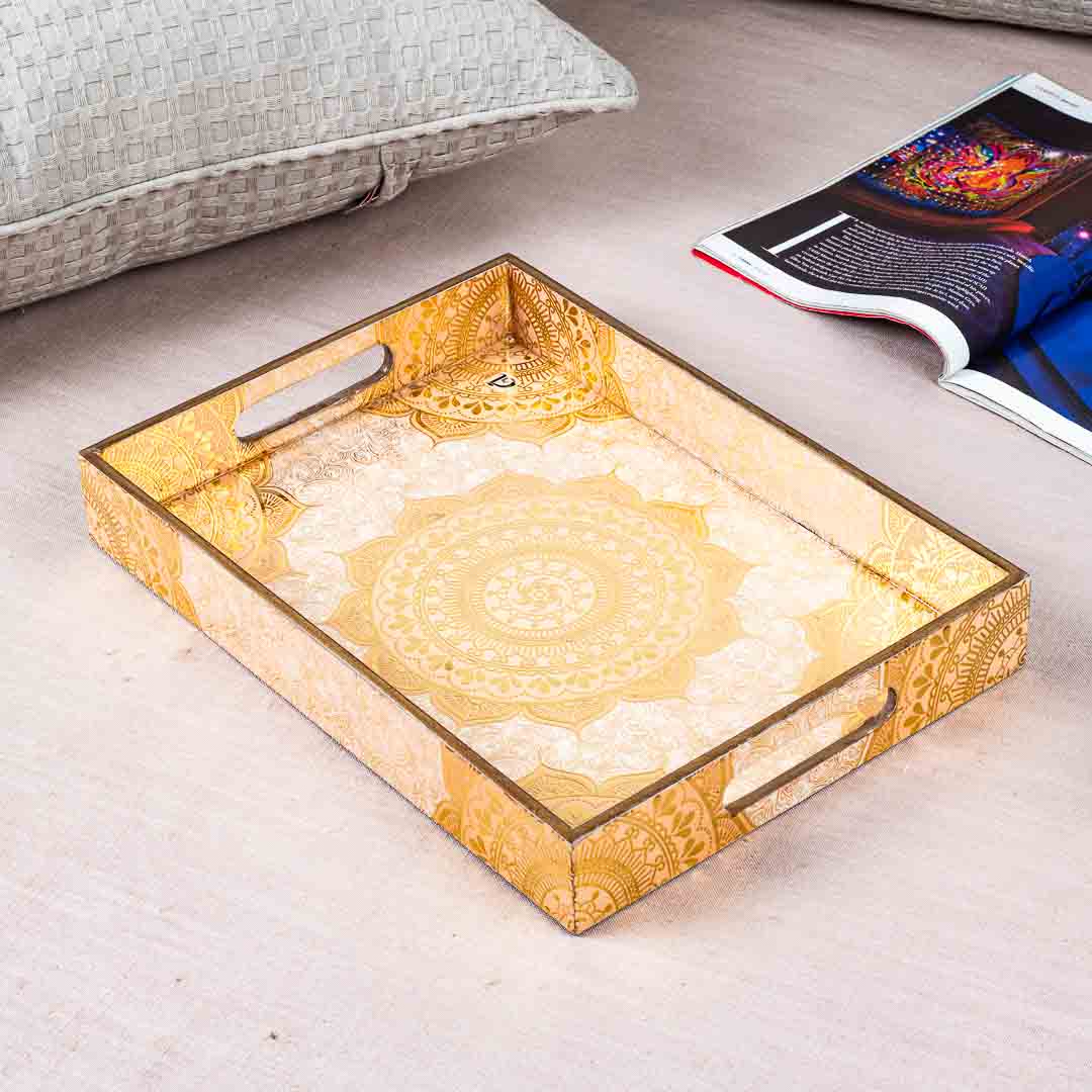 Premium Abstract White- Gold Rectangle Mdf Tray Design Seven 10X14X2 Inch
