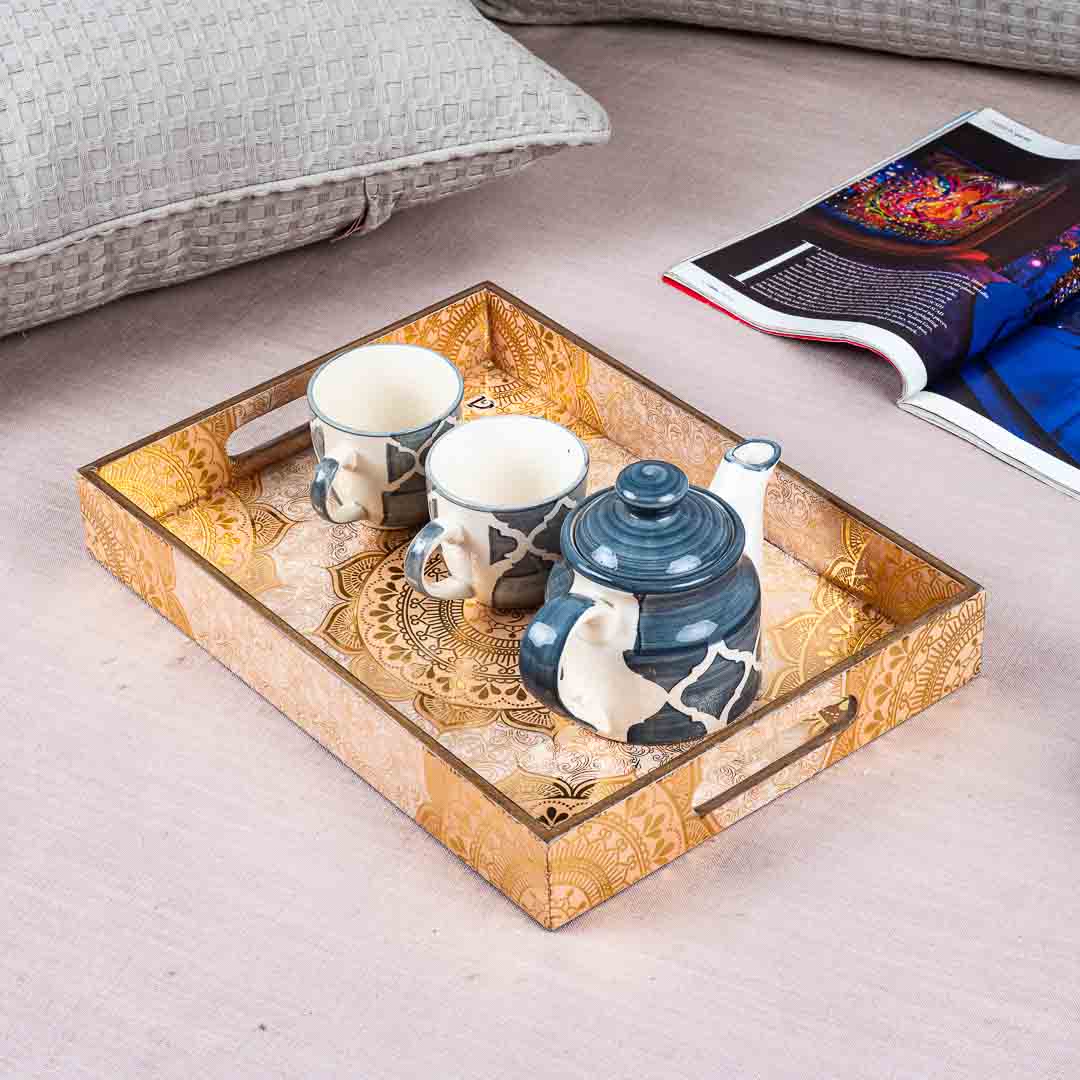 Premium Abstract White- Gold Rectangle Mdf Tray Design Seven 10X14X2 Inch