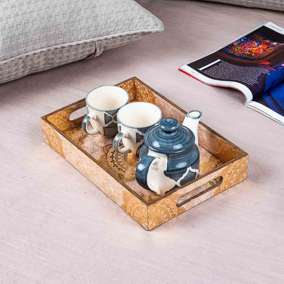 Premium Abstract White Gold Rectangle Mdf Tray Design Seven 8X12X2 Inch