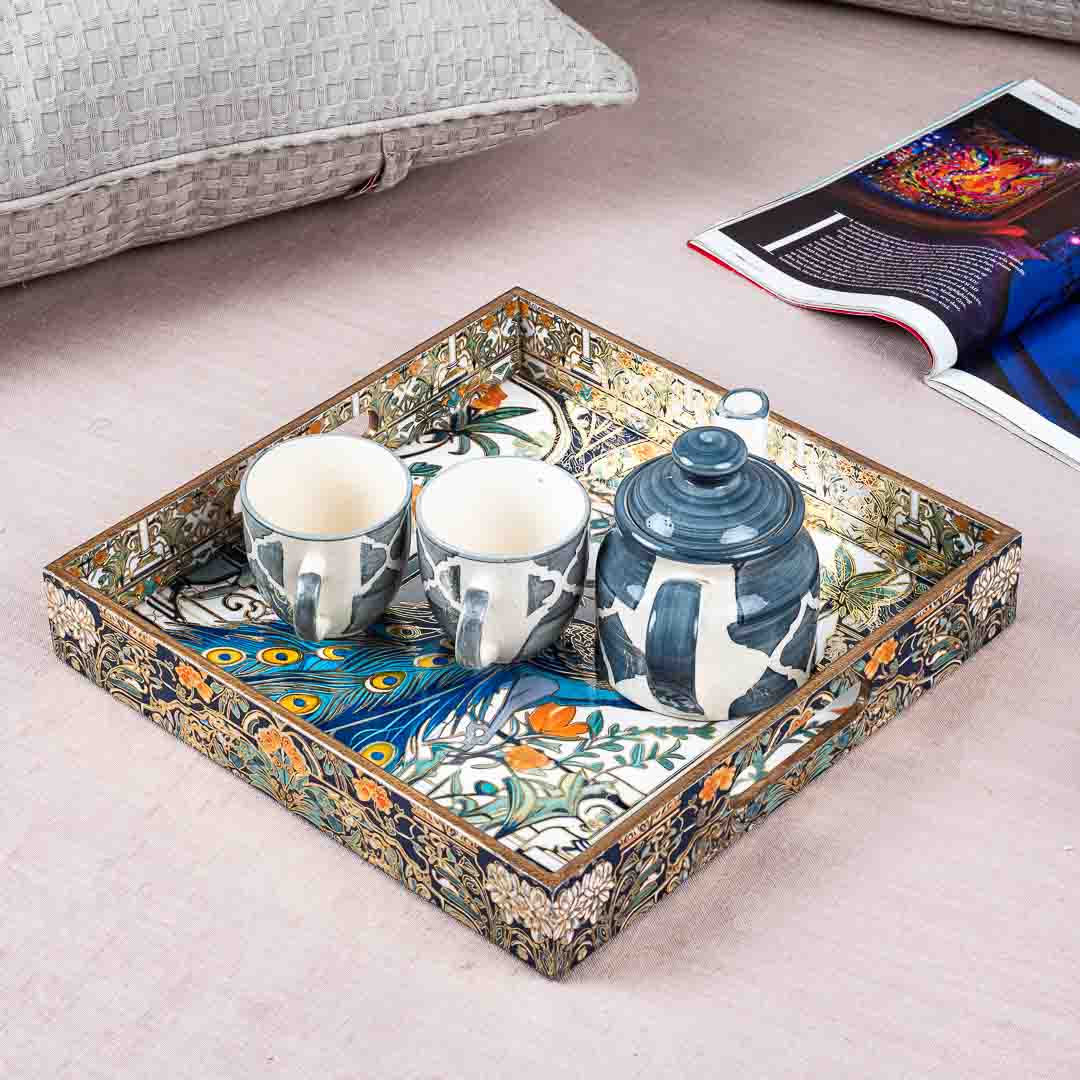 Premium Peacock Square Mdf Tray Design One 12X12 Inch