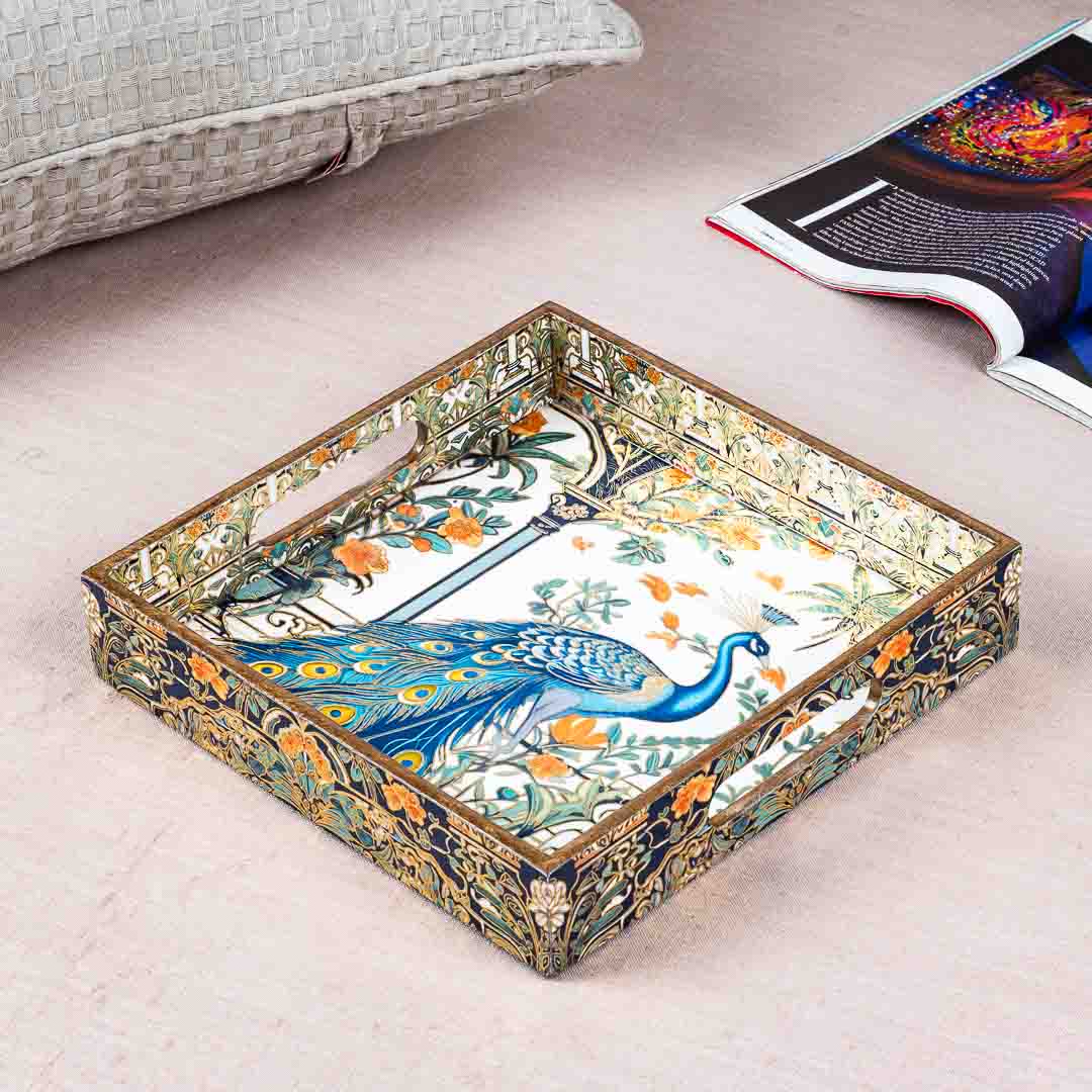 Premium Peacock Square Mdf Tray Design One 10X10 Inch