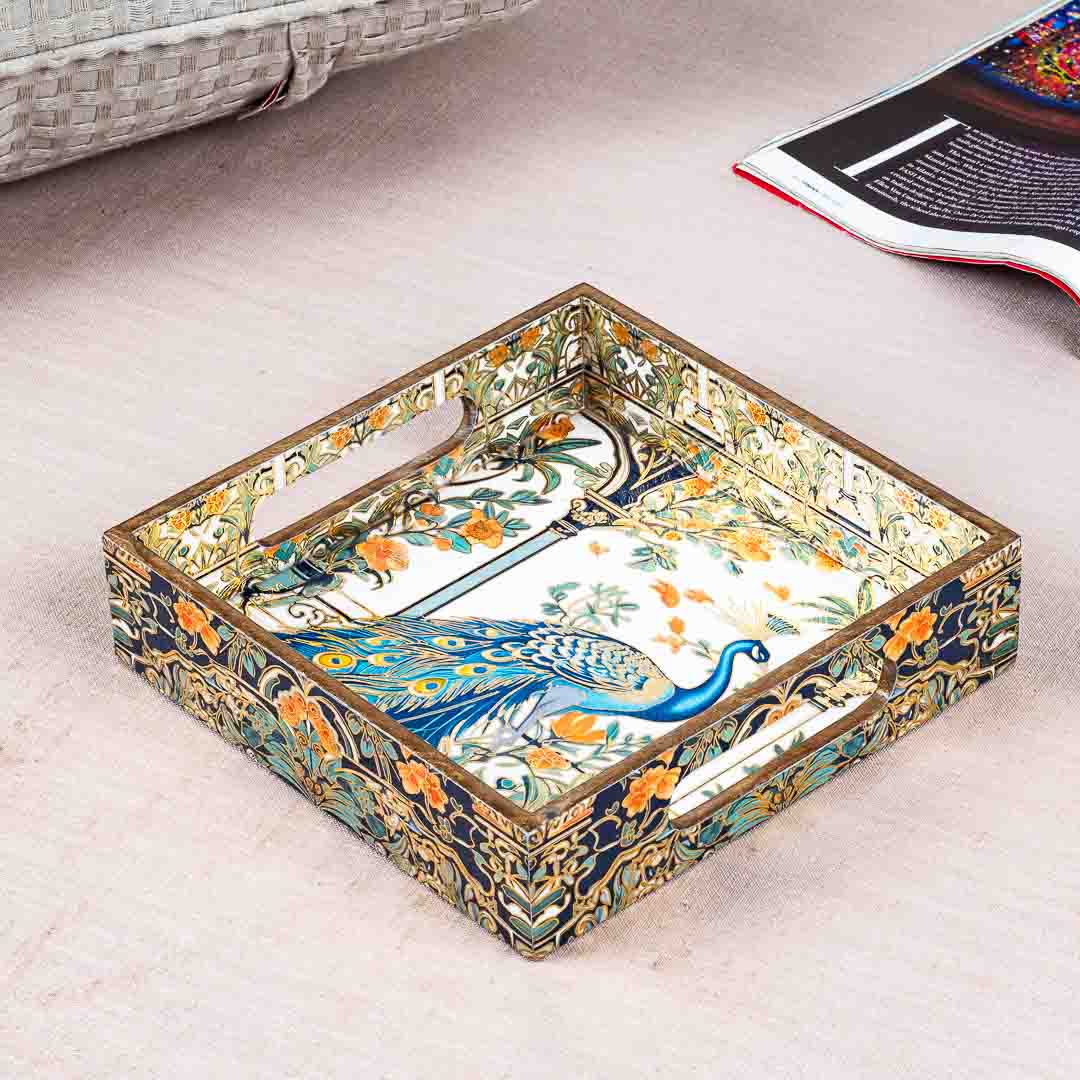 Premium Peacock Square Mdf Tray Design One 8X8 Inch