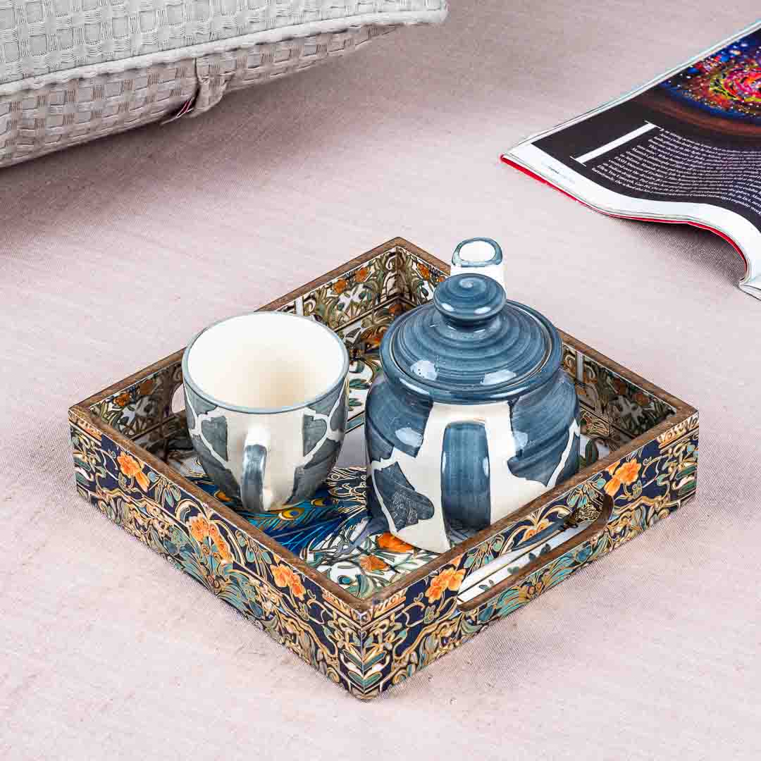 Premium Peacock Square Mdf Tray Design One 8X8 Inch