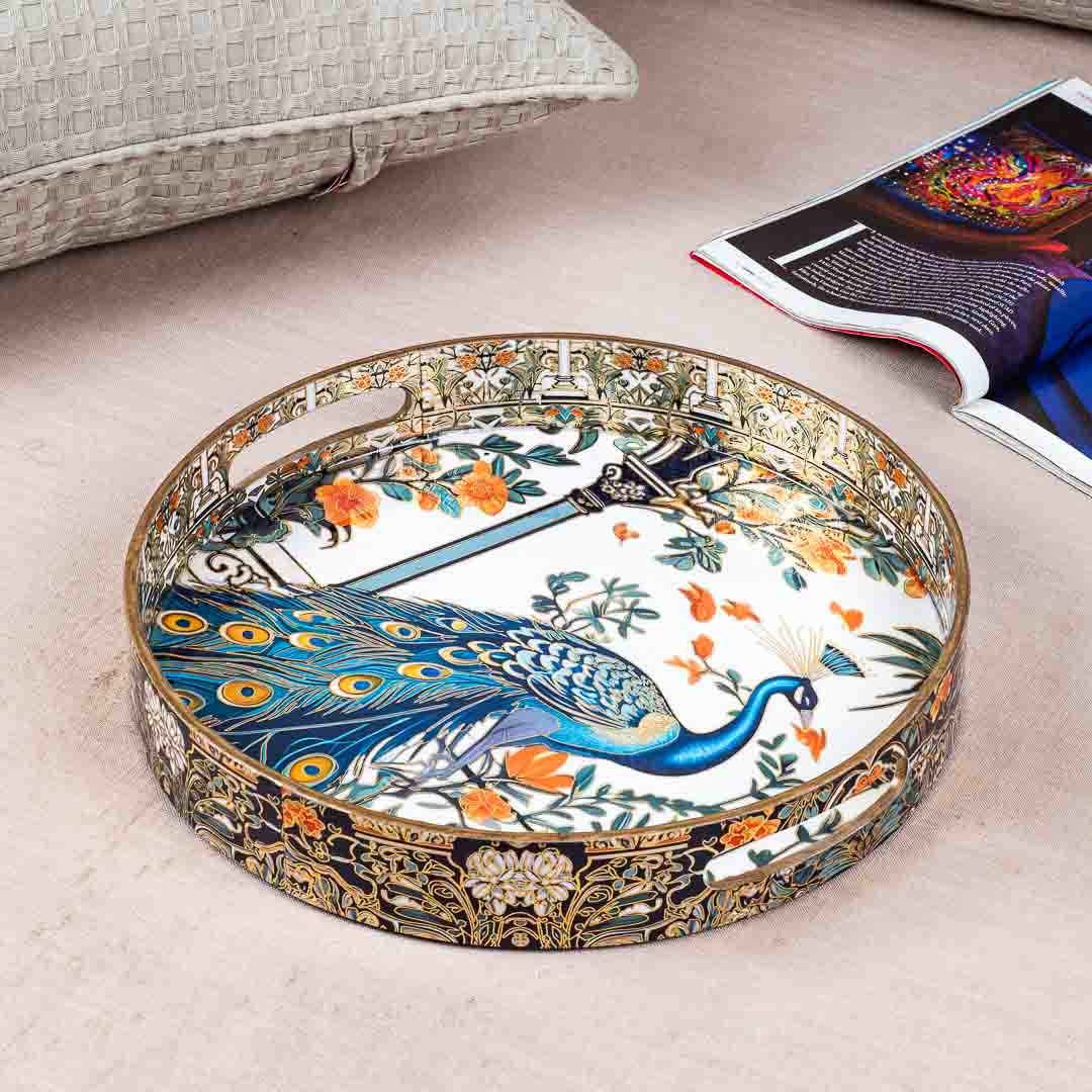 Premium Peacock Mdf Round Tray Design One 13 inch Round