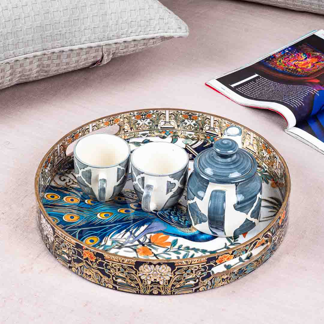 Premium Peacock Mdf Round Tray Design One 13 inch Round