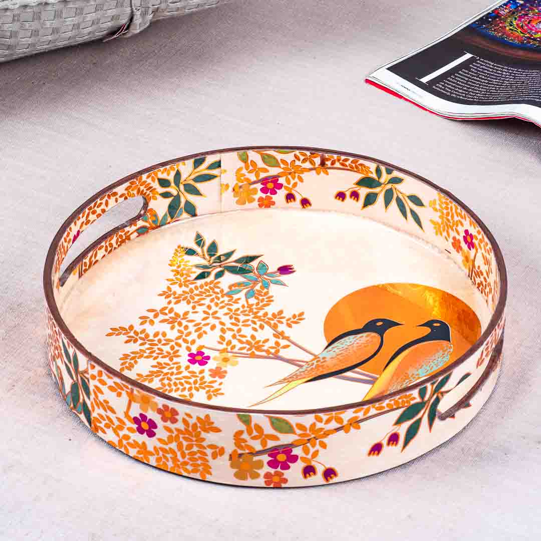 Premium Pair Bird Mdf Round Tray Design Nine 13 inch Round