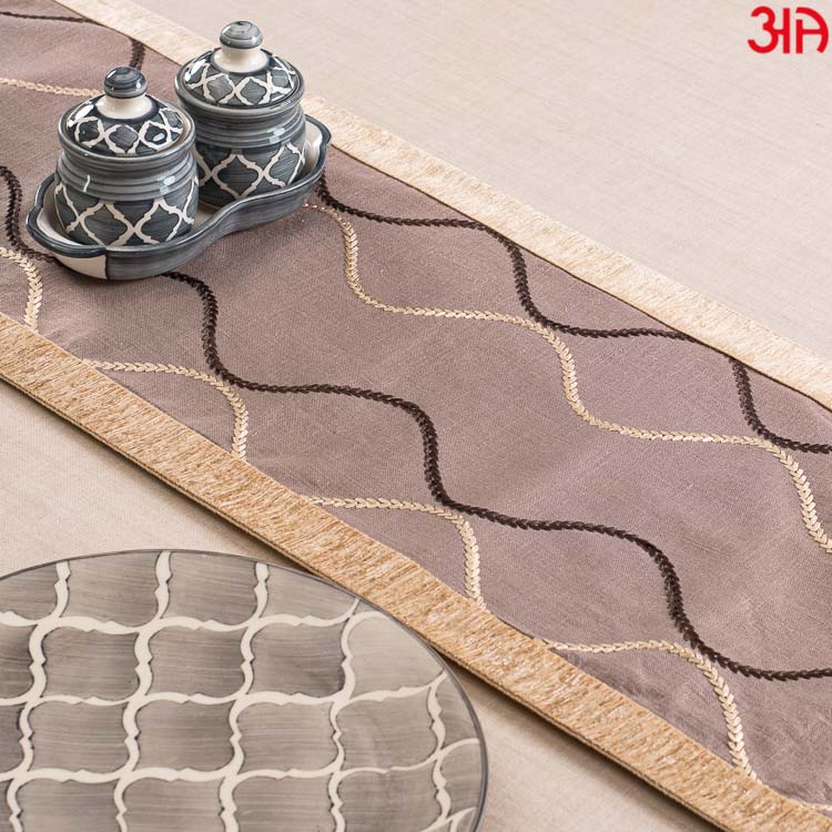 Brown And Beige Emroided Table Runner (13x72) Inch