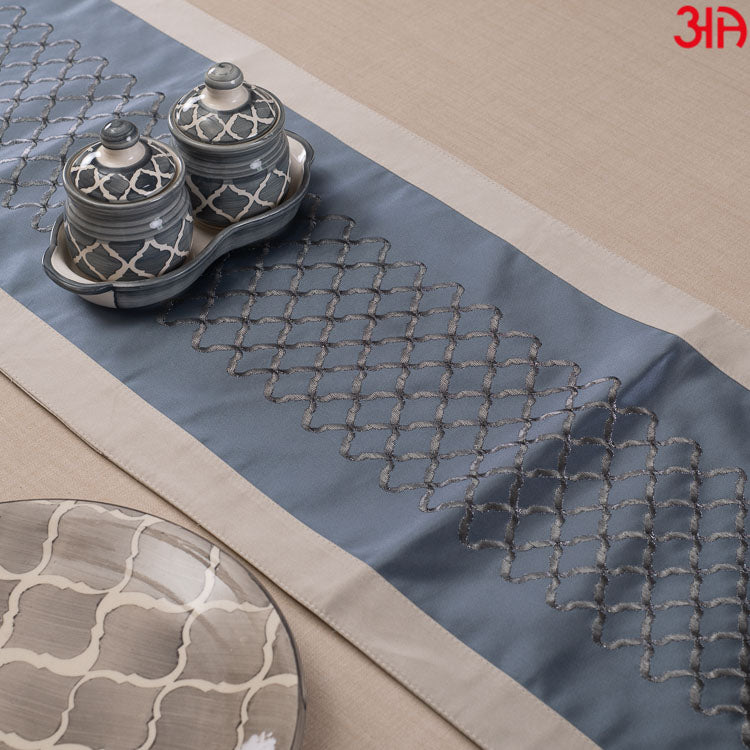 Blue And White Abstract Design Jacquard Runner Table Runner (13x48) Inch