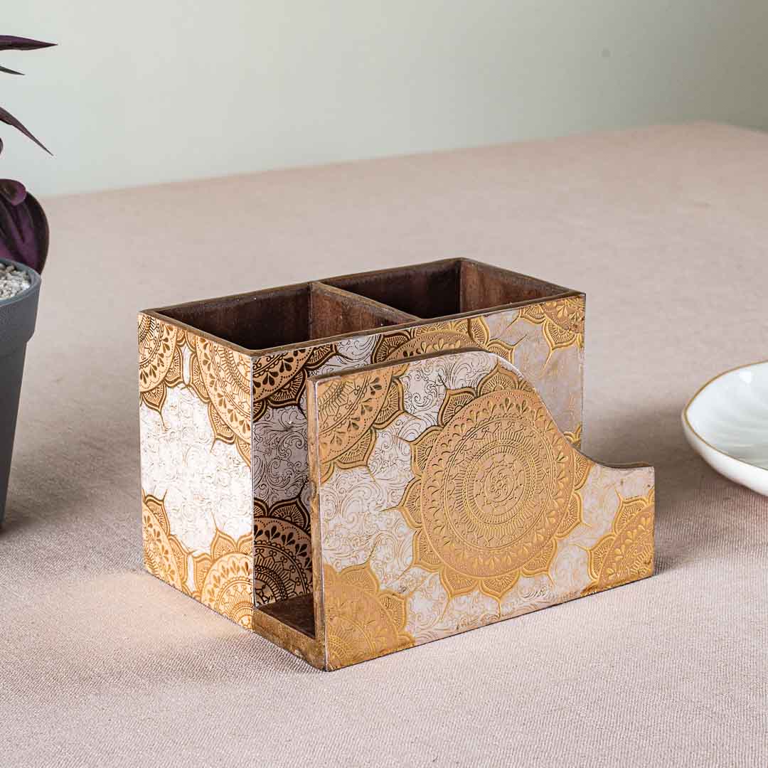 Premium Abstract White Gold Mdf Cutlery Npk Holder Design Seven 6X4.5X4 Inch