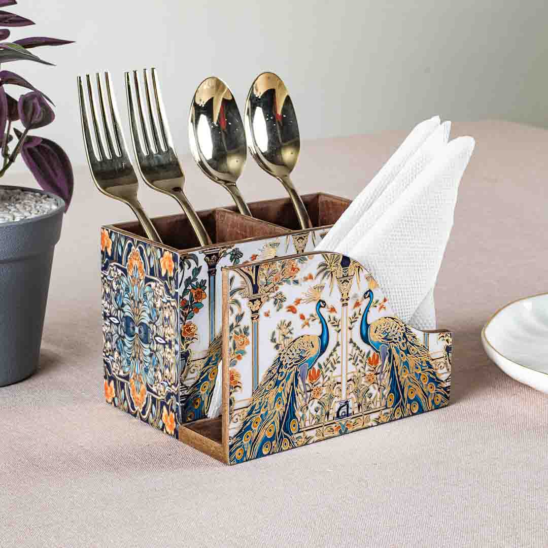 Premium Peacock Mdf Cutlery Npk Holder Design One 6X4.5X4 Inch