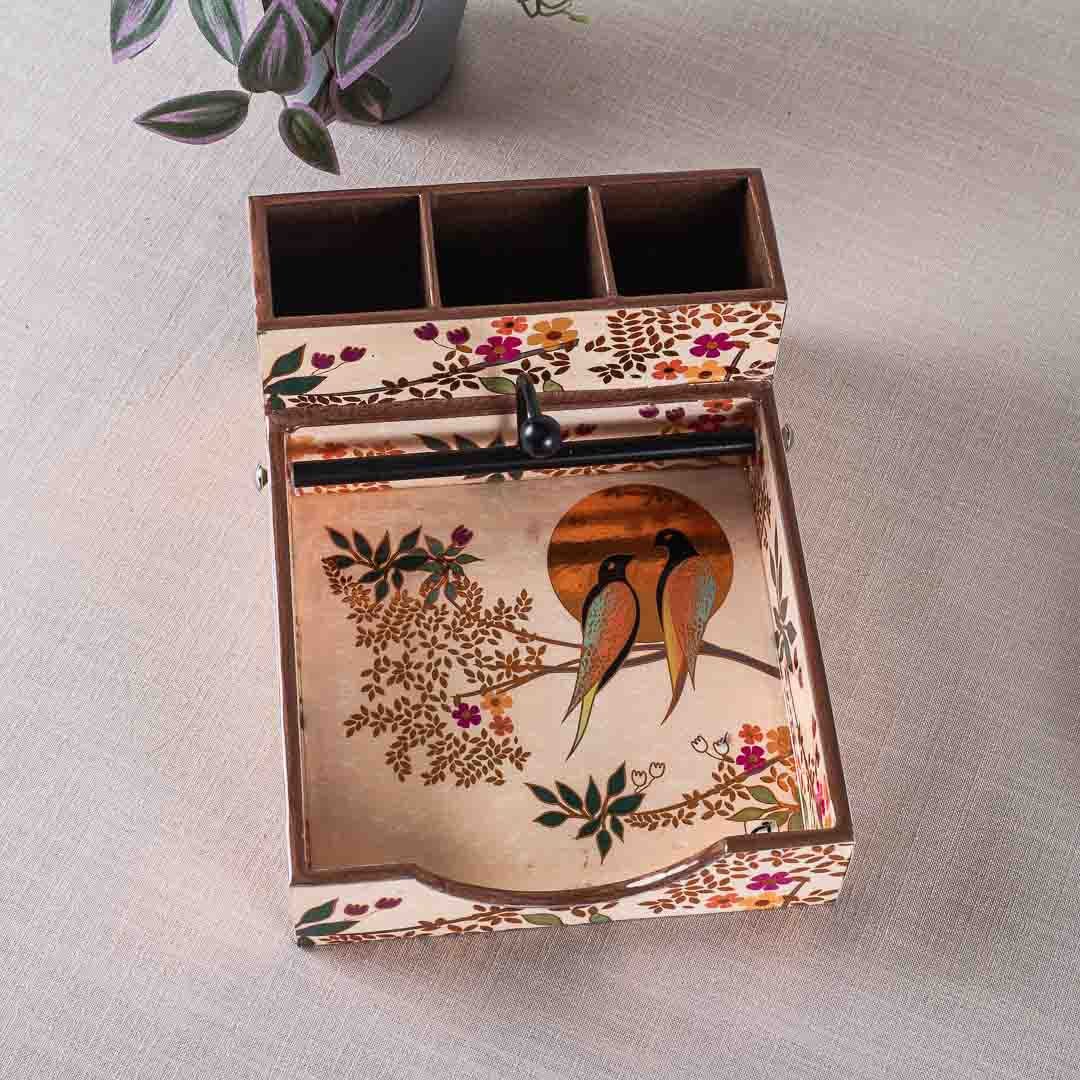 Premium Love Bird Mdf Square Tissue+Cutlery Holder Design Nine