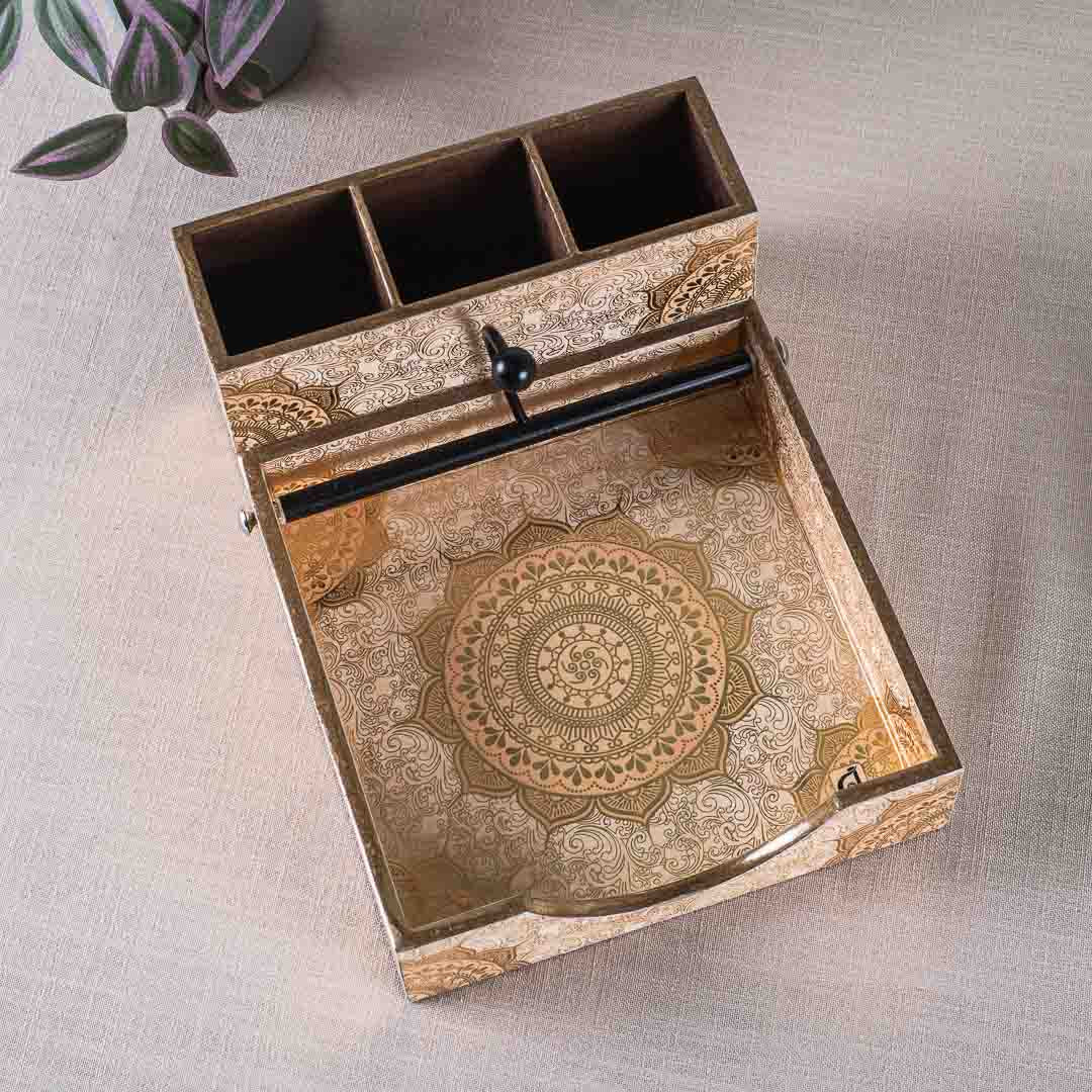 Premium Gold Mdf Square Tissue+Cutlery Holder Design Seven