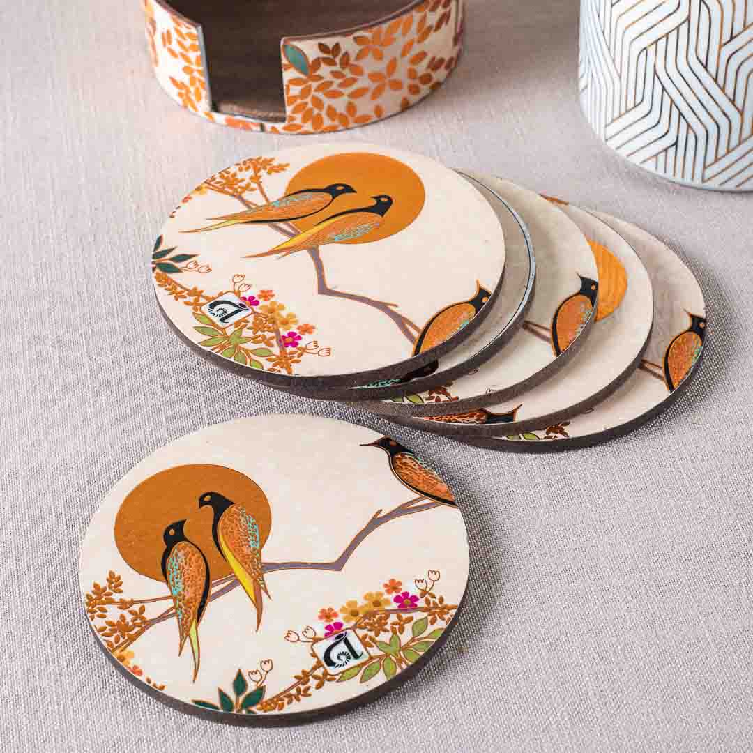 Premium Love Baird Mdf Printed Coaster (06 Pcs Set) Design Nine