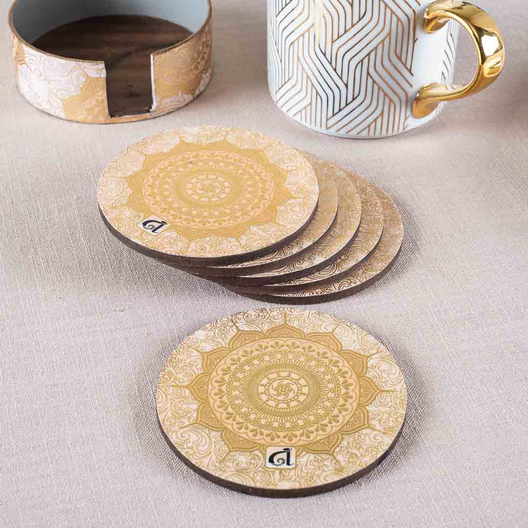 Premium White Gold Mdf Printed Coaster (06 Pcs Set) Design Seven