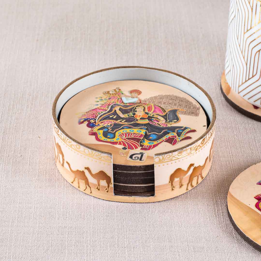 Premium Rajasthani Mdf Printed Coaster (06 Pcs Set) Design Eight