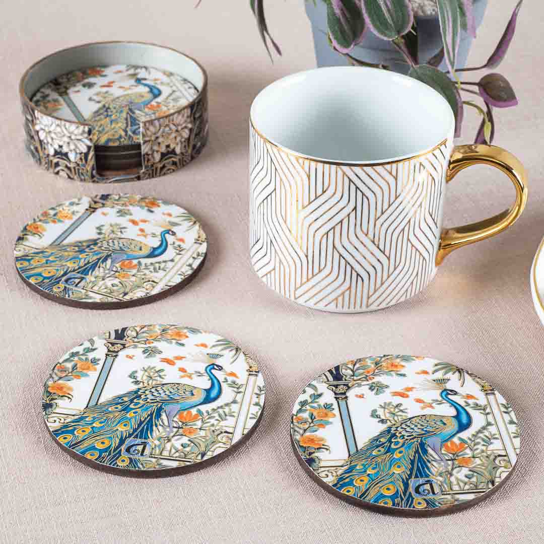 Premium Peacock Mdf Printed Coaster (06 Pcs Set) Design One