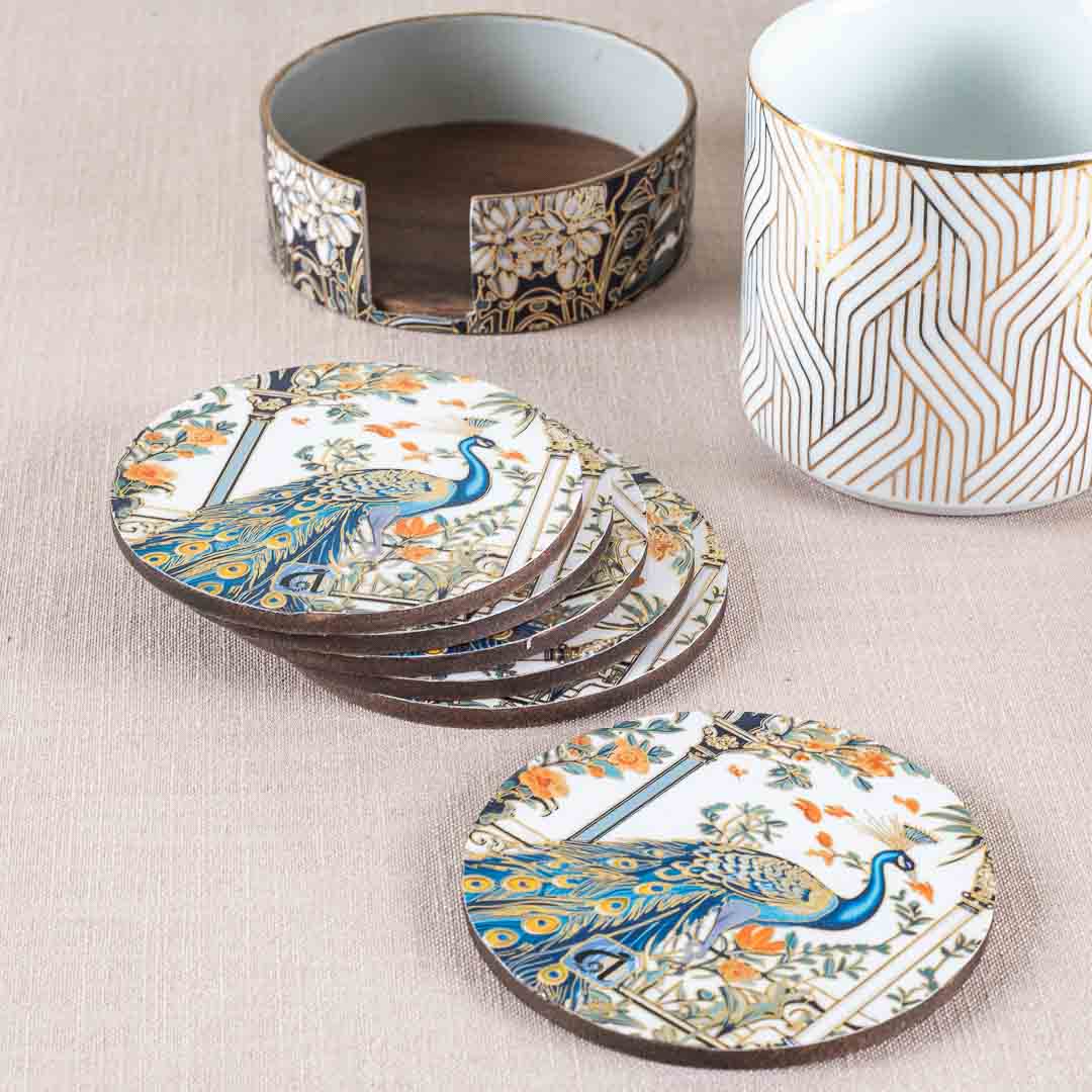Premium Peacock Mdf Printed Coaster (06 Pcs Set) Design One