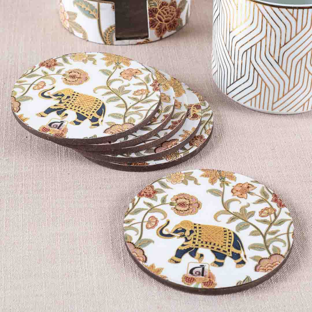 Premium Elephant Mdf Printed Coaster (06 Pcs Set) Design Three