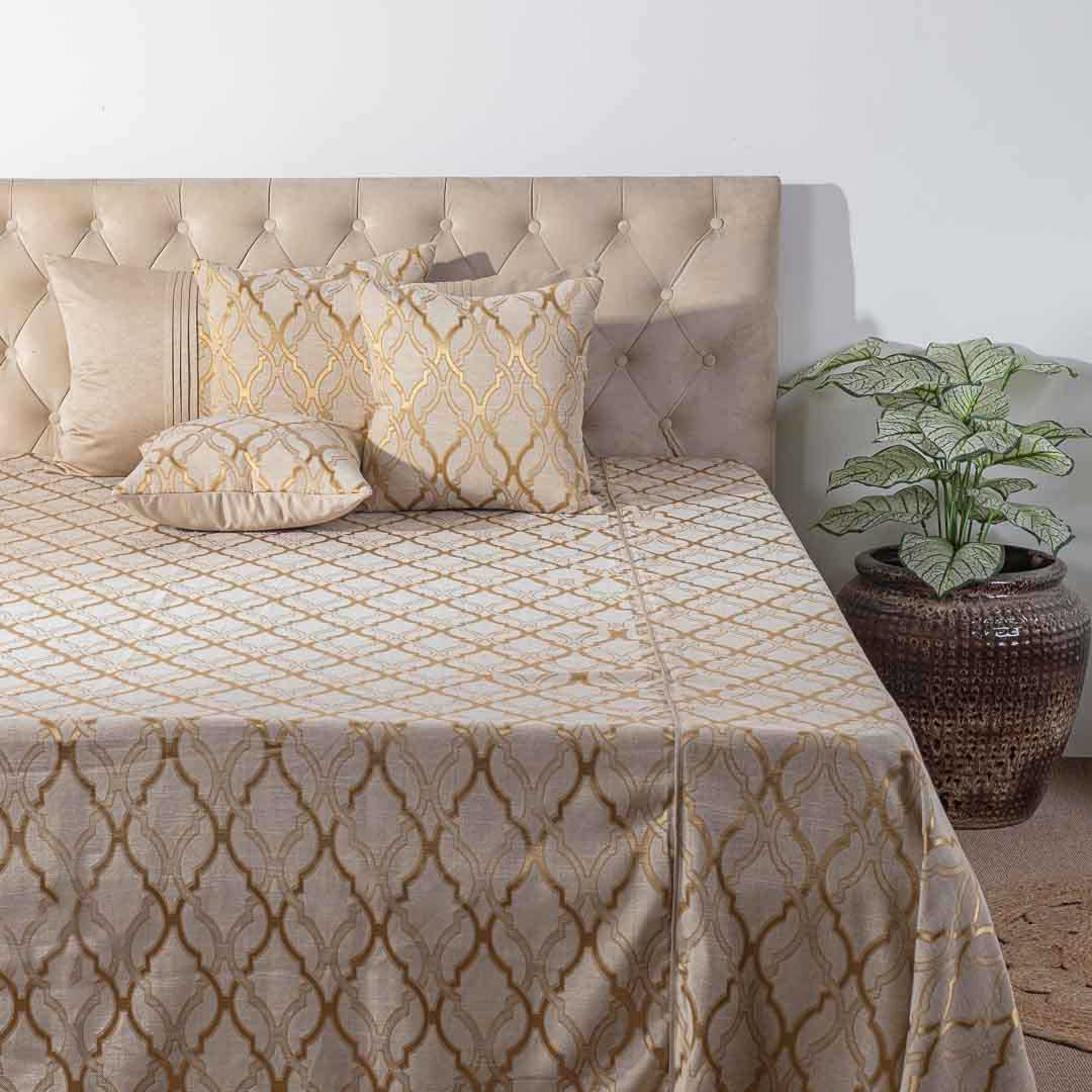 Premium King Size Beige Gold Jacquard Mix (1+2+2) Bed Cover Design Twelve