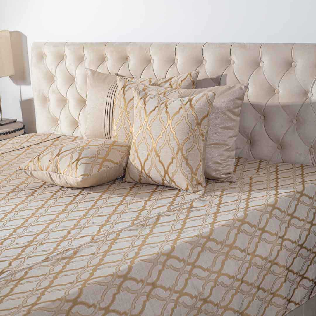 Premium King Size Beige Gold Jacquard Mix (1+2+2) Bed Cover Design Twelve