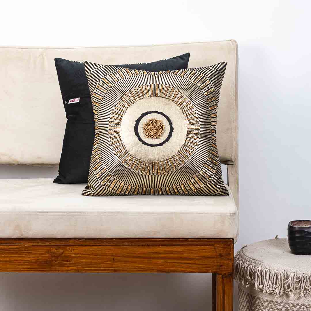 Premium Black Colour Velvet Sunfoil Handwork Cushion Cover