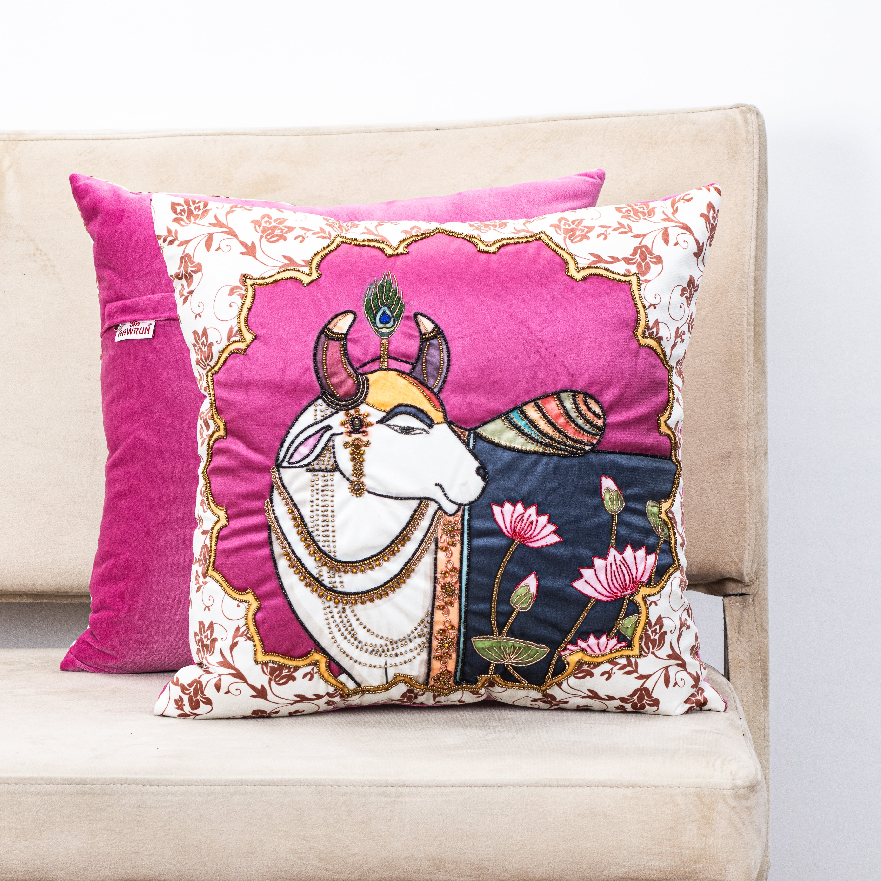 Pichwai Cow Frame - Hand Work Cushion Cover