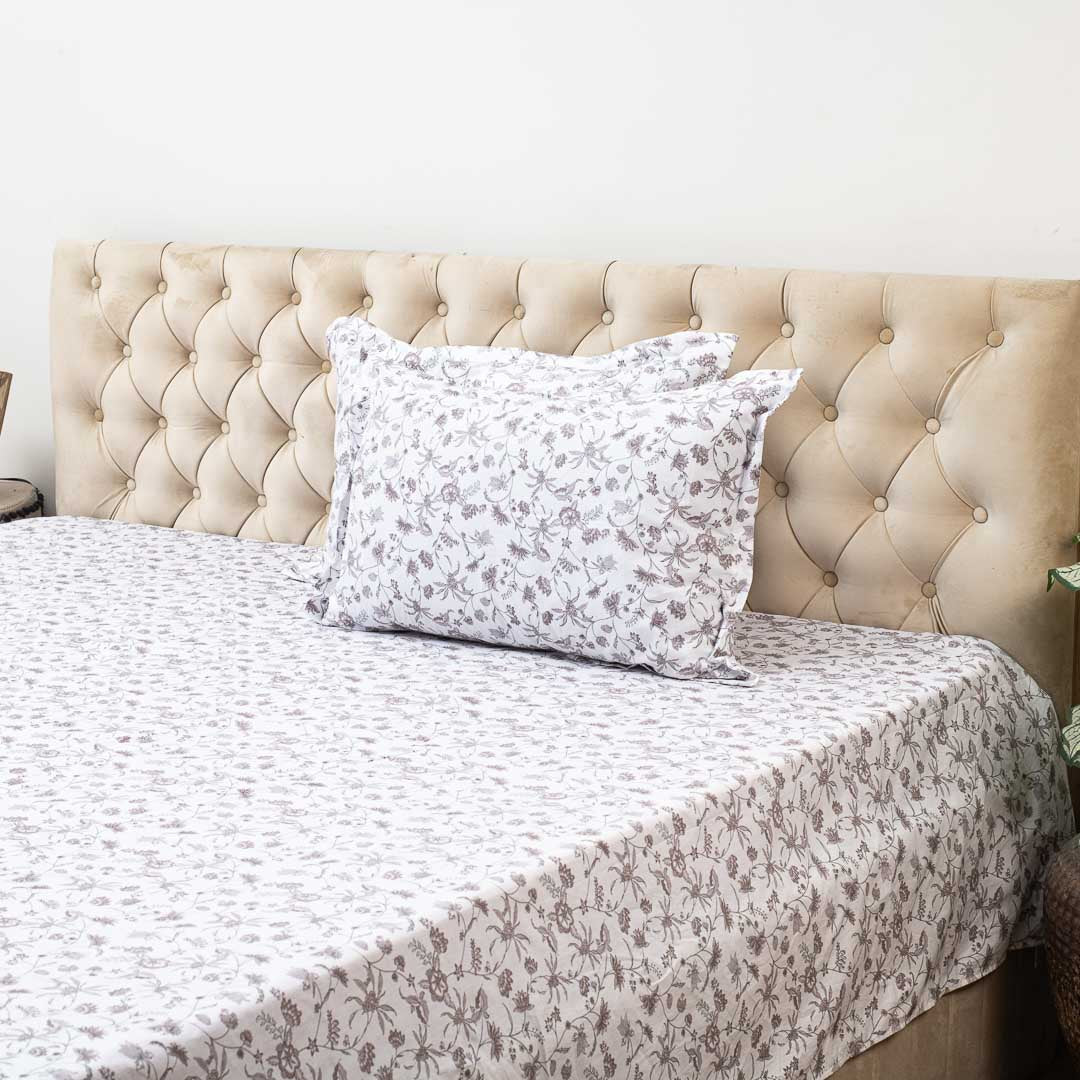 Premium Leaf King Size White- Multi Cotton Percale Print (1+2) Bed Cover Comes With Two Pillow Cover Design Sixteen