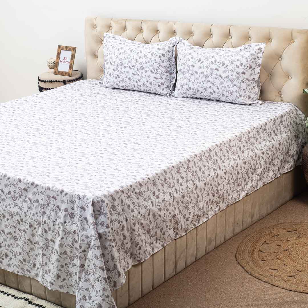 Premium Leaf King Size White- Multi Cotton Percale Print (1+2) Bed Cover Comes With Two Pillow Cover Design Sixteen