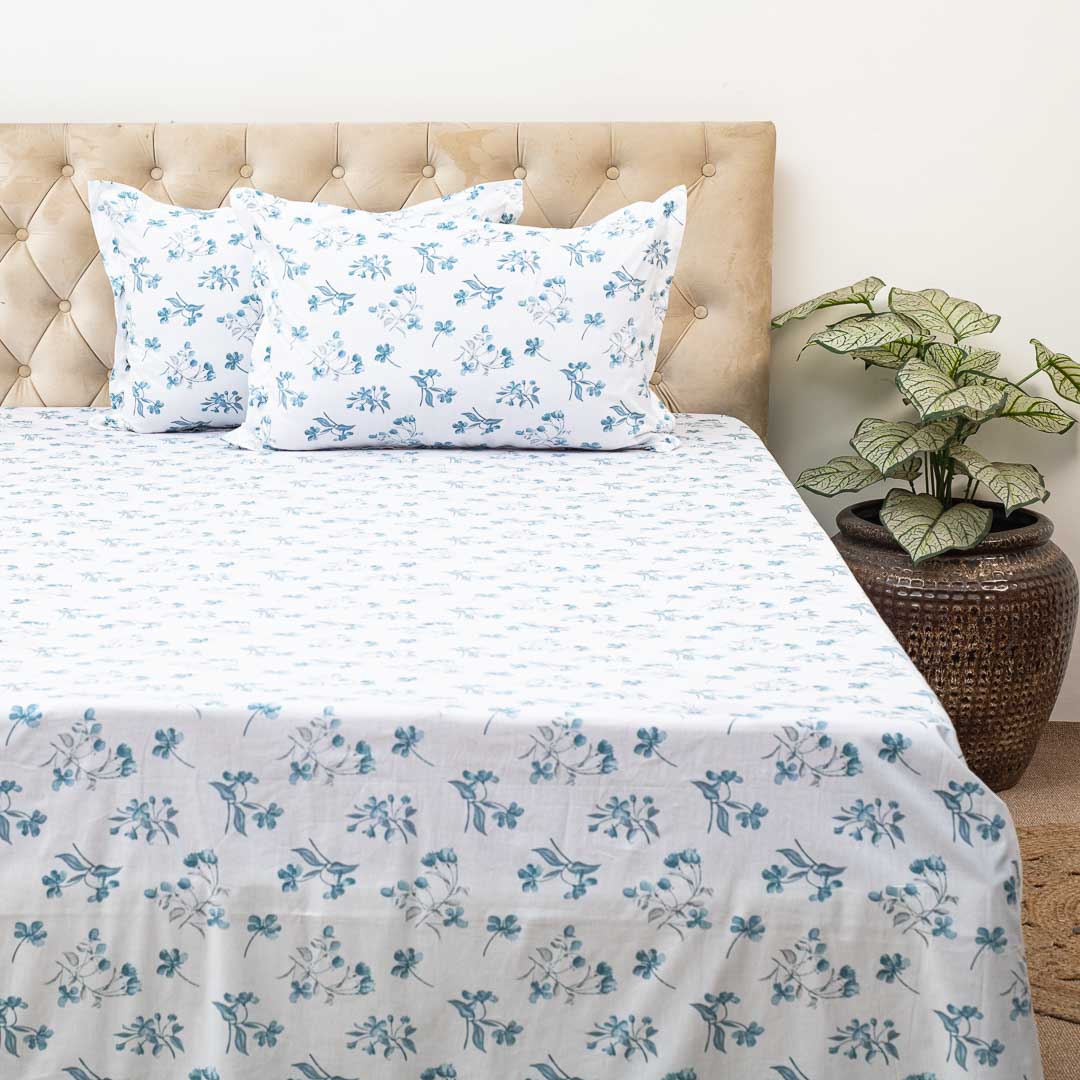 Premium Leaf King Size White- Blue Cotton Percale Print (1+2) Bed Cover Comes With Two Pillow Cover Design Thirteen