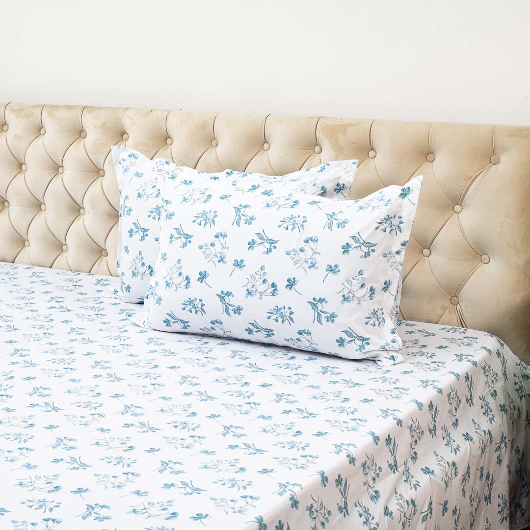 Premium Leaf King Size White- Blue Cotton Percale Print (1+2) Bed Cover Comes With Two Pillow Cover Design Thirteen