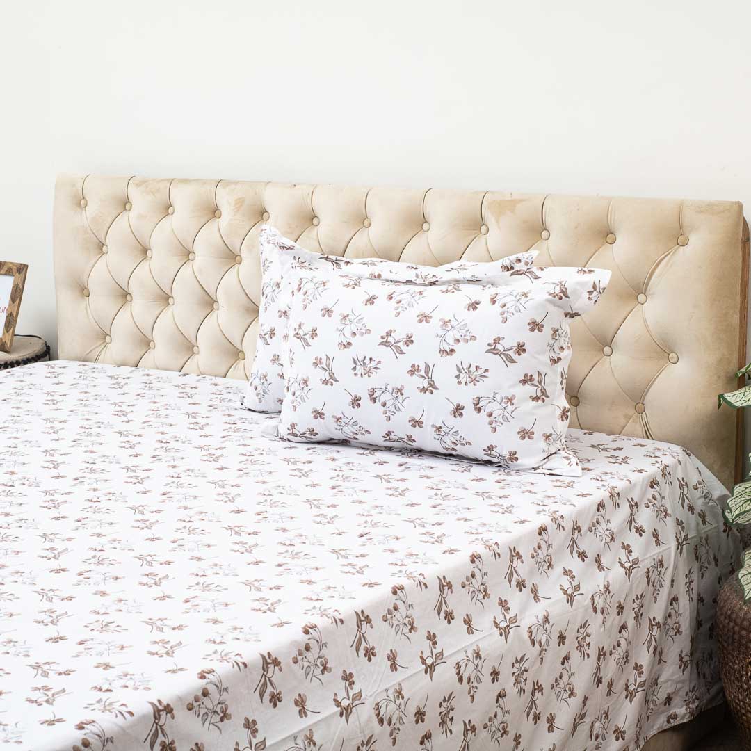 Premium Leaf King Size White Cotton Percale Print (1+2) Bed Cover Comes With Two Pillow Cover Design Twelve