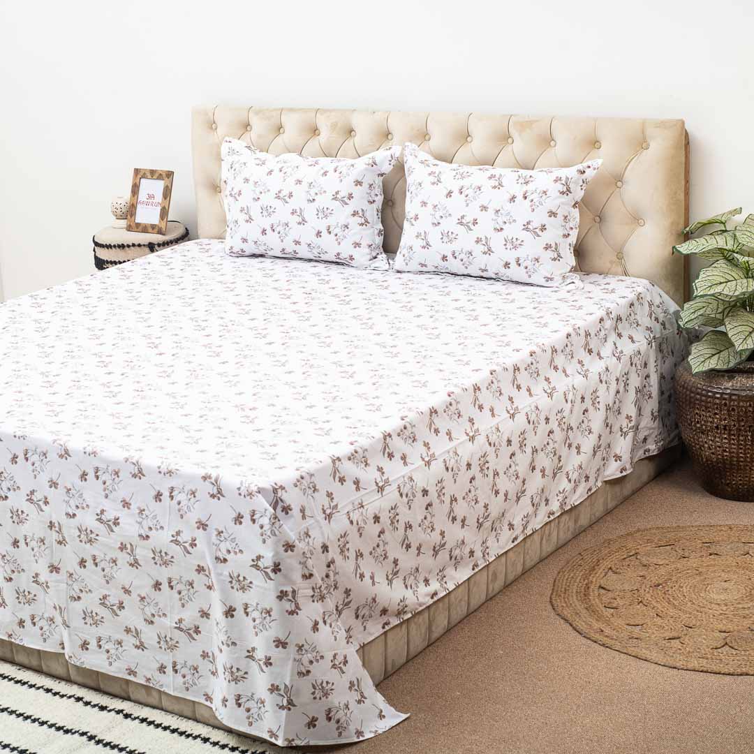 Premium Leaf King Size White Cotton Percale Print (1+2) Bed Cover Comes With Two Pillow Cover Design Twelve