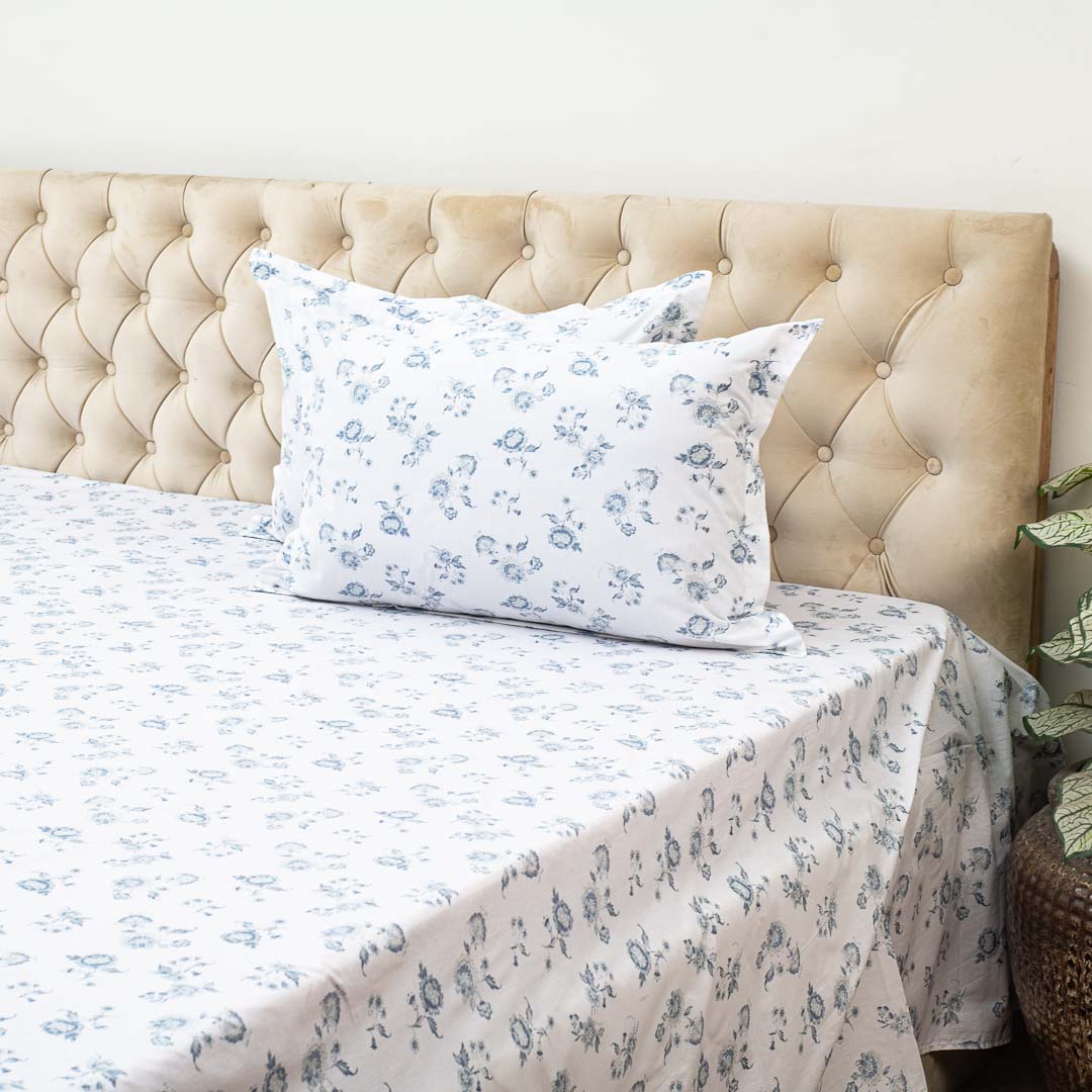 Premium Leaf King Size White- Blue Cotton Percale Print (1+2) Bed Cover Comes With Two Pillow Cover Design Ten