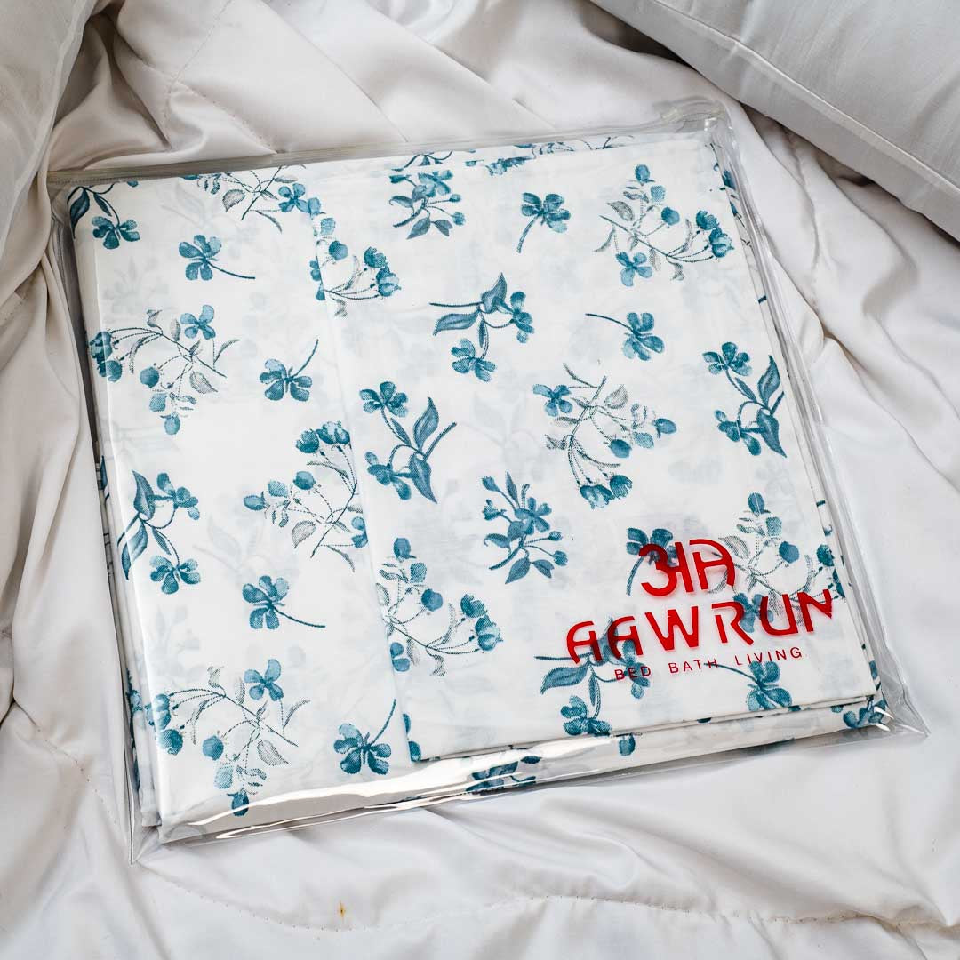 Premium Leaf King Size White- Blue Cotton Percale Print (1+2) Bed Cover Comes With Two Pillow Cover Design Thirteen