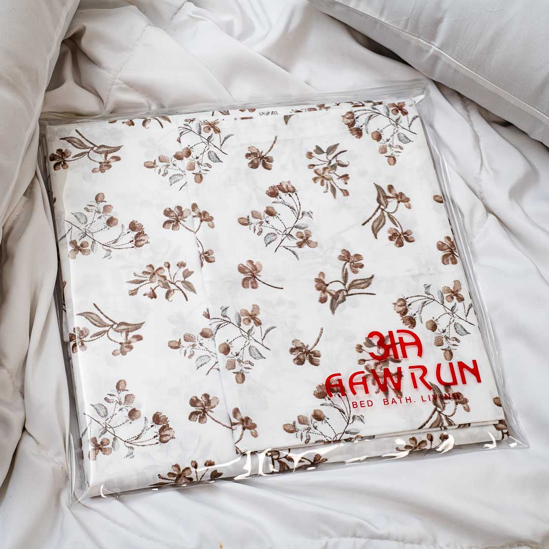 Premium Leaf King Size White Cotton Percale Print (1+2) Bed Cover Comes With Two Pillow Cover Design Twelve