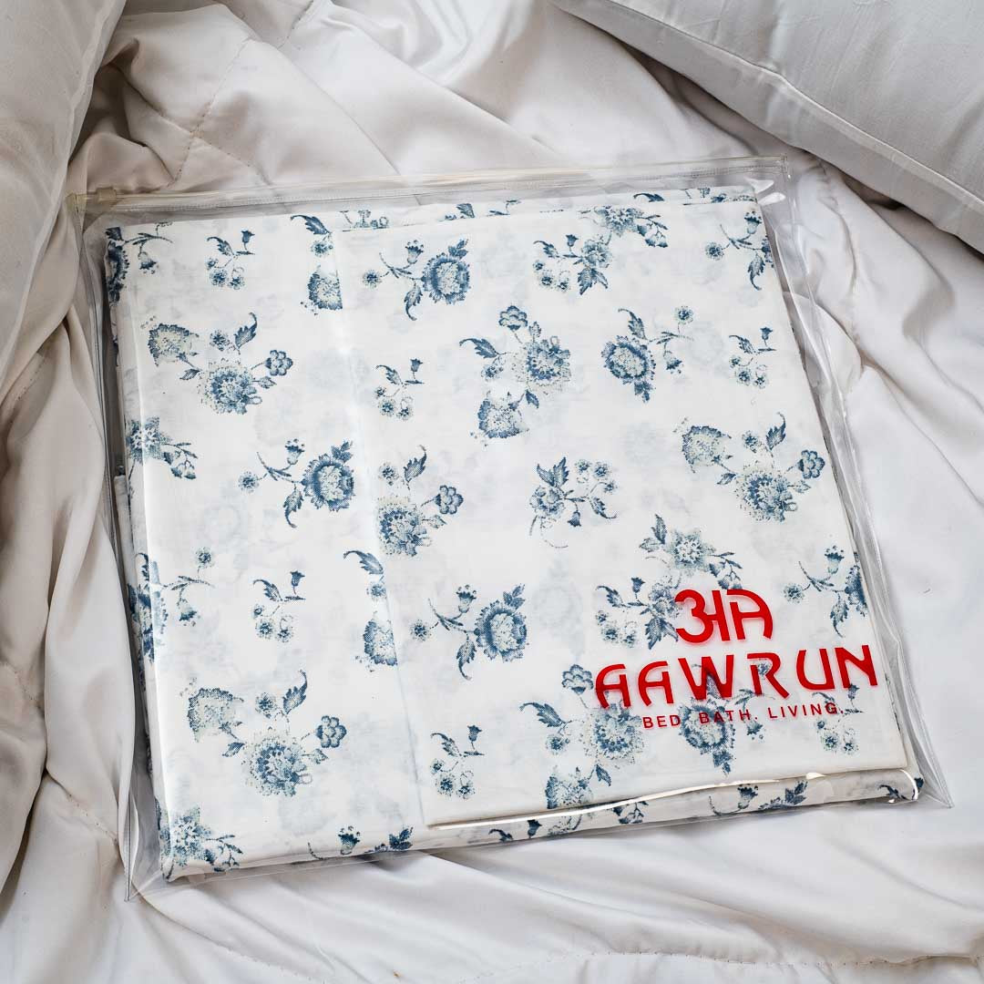 Premium Leaf King Size White- Blue Cotton Percale Print (1+2) Bed Cover Comes With Two Pillow Cover Design Ten