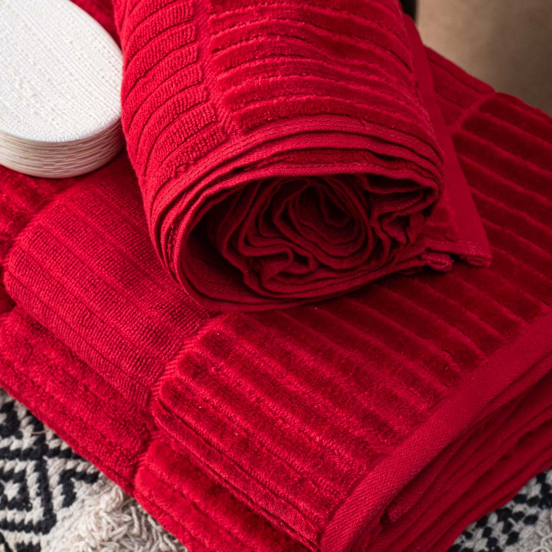 Premium Textured Ruby Red Bath Towel Design Three