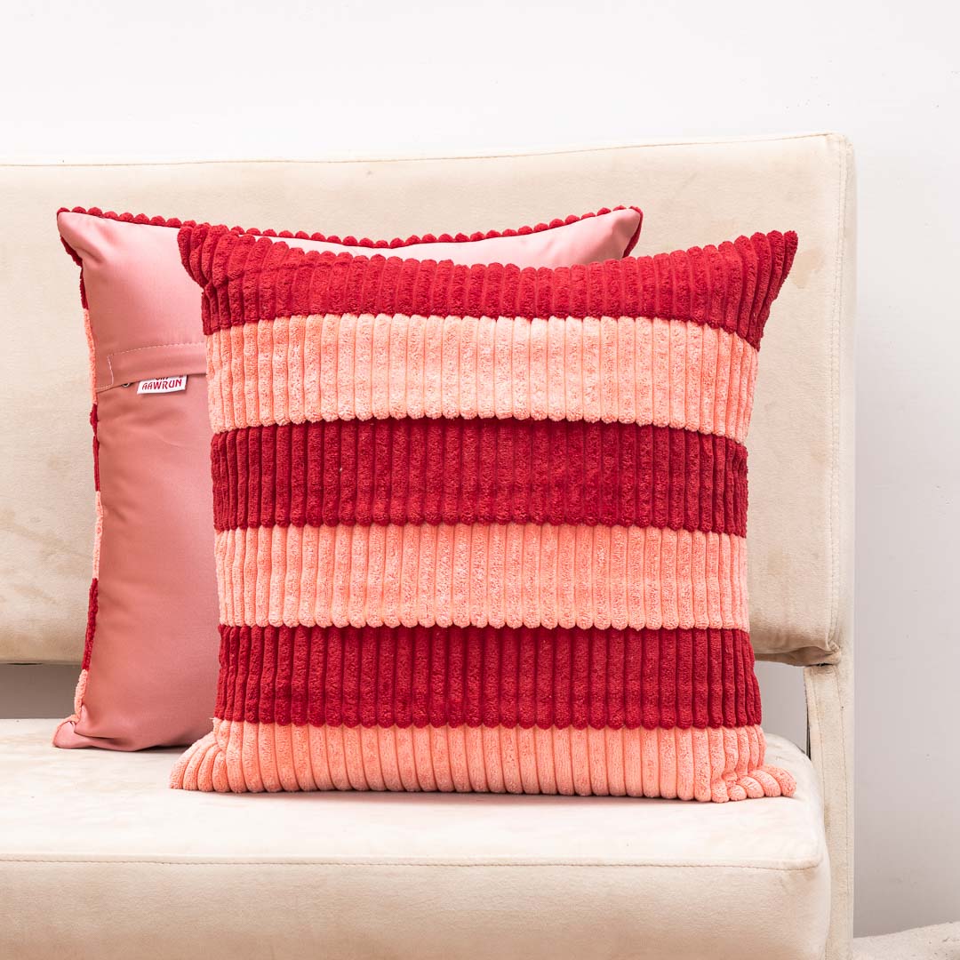 StripeFur Maroon-Peach Fur Velvet Cushion Cover – 16x16 Inch Stylish Home Décor