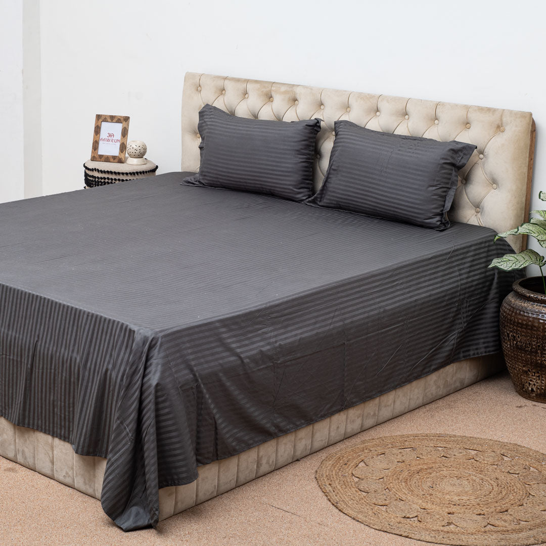 Elegant Dobby Stripe Bed Sheet 2pc Pillow Cover 1pc Bed Sheet- BLACK