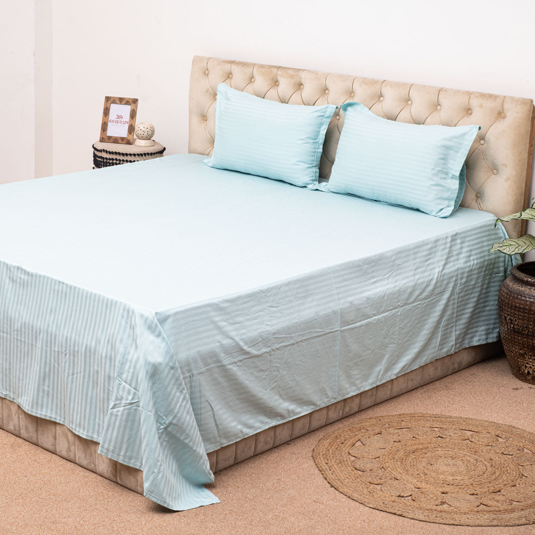 Elegant Dobby Stripe Bed Sheet 2pc Pillow Cover 1pc Bed Sheet- SKY