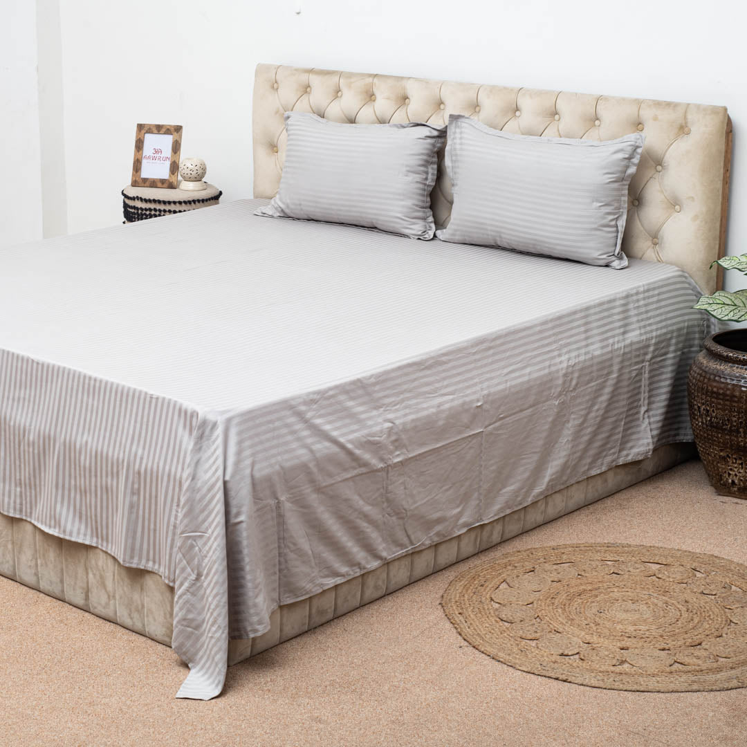 Elegant Dobby Stripe Bed Sheet 2pc Pillow Cover 1pc Bed Sheet- LITE GREY